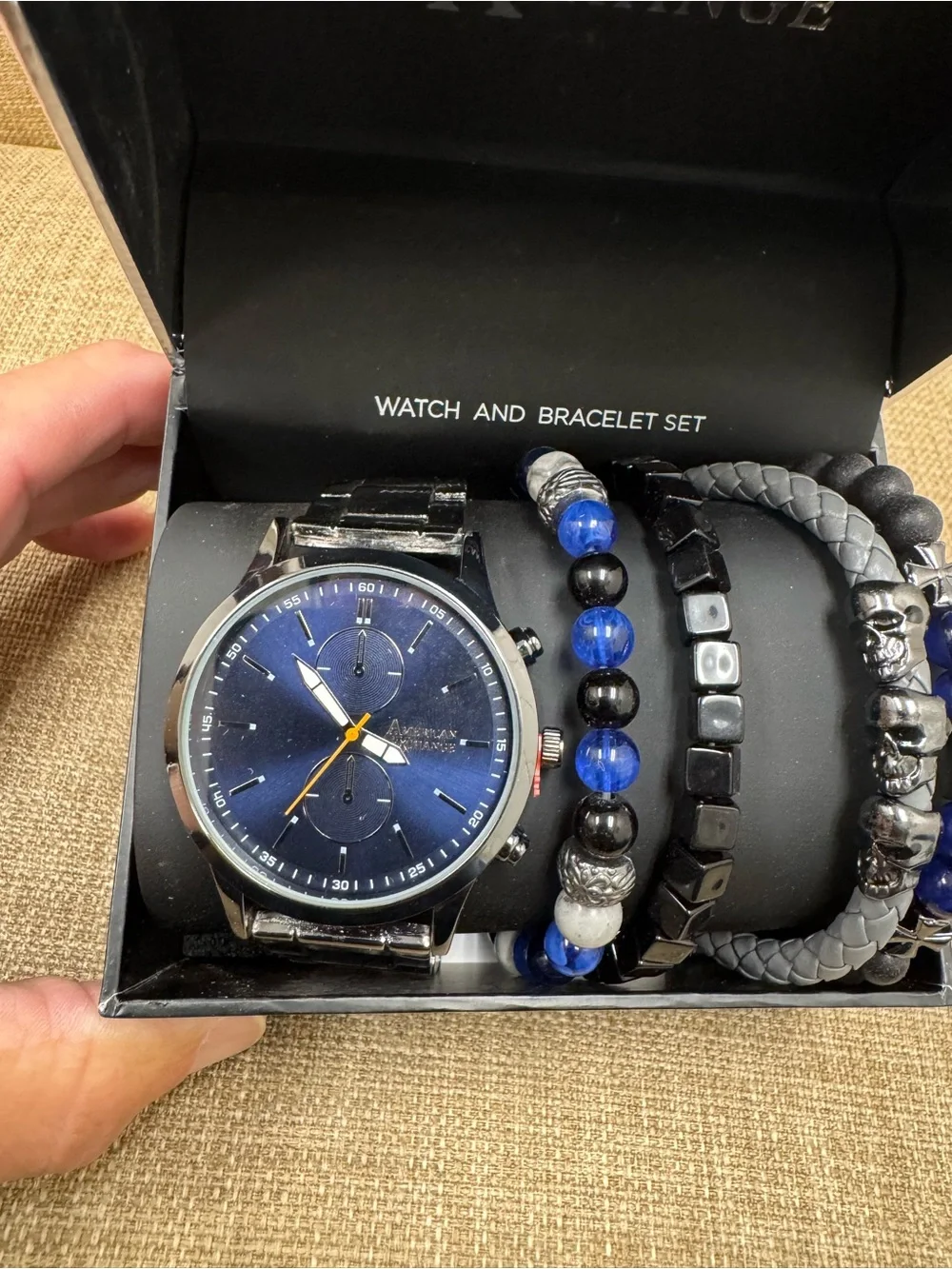 American Exchange Men’s Quartz Watch Blue Dial Black Bracelet Set Box
